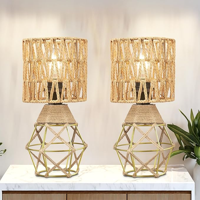Hamilyeah Boho Table Lamps Set of 2, Small Desk Lamp with Woven Shade, Modern Farmhouse Bedside Lamp for Bedroom, Industrial Table Lamp for Living Room, Decorative Desk Lamp for Office or Nightstand