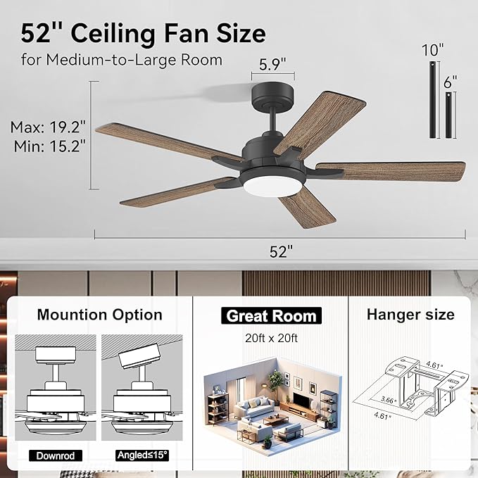 cumilo 52” Smart Ceiling Fanswith Lights Remote Control,Quiet DC Motor,Outdoor Indoor Modern Farmhouse Ceiling Fan work with Alexa App,Dimmable LED Light,Black/Brown for Bedroom Living Room Patio