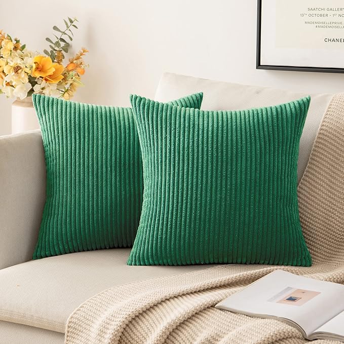MIULEE Pack of 2 Corduroy Soft Soild Decorative Square Throw Pillow Covers Set Cushion Cases Pillowcases for Spring Sofa Bedroom Couch 20 x 20 Inch Dark Green