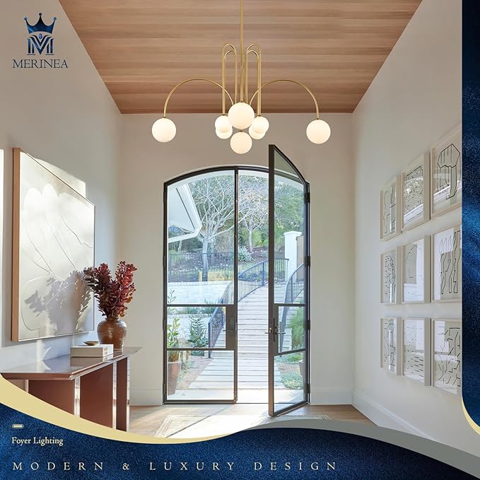 Modern Gold Sputnik Chandelier 8 Lights Large Luxury L41” Mid Century Milk Glass Globe Ceiling Pendant Light Contemporary for Foyer Staircase Living Dining Room Kitchen