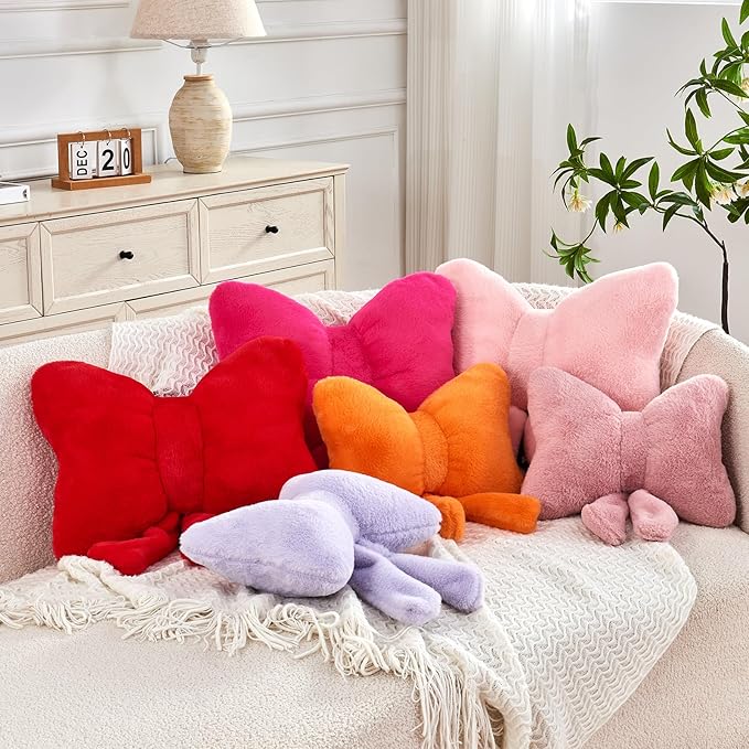 Red Bow Pillow, Soft Bow Decorative Pillows with Faux Rabbit Fur, Cute 12" Bow Throw Pillows, Aesthetic Home Decor Bow Shaped Plush Pillow for Bedroom Sofa Couch