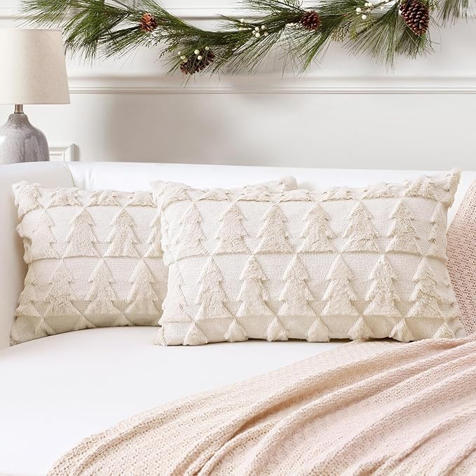 OTOSTAR Set of 2 Soft Plush Short Wool Velvet Decorative Throw Pillow Covers Square Luxury Style Cushion Case Pillow Shell for Sofa Bedroom Christmas Tree Cream Beige, 12x20 Inch
