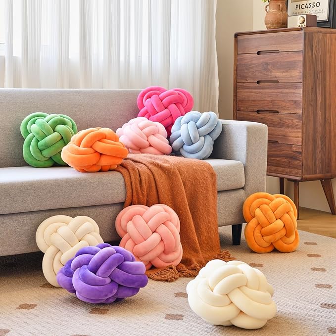 Xuyier Knot Pillow Ball, Decorative Throw Pillows with Velvet Fabric for Couch Bed, 12" Decor Knotted Square Floor Pillow Cushions for Living Room (12 Inches, Dark Yellow)