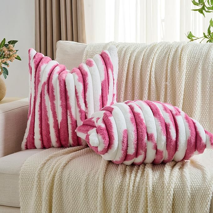 FUTEI Blush Decorative Throw Pillow Covers 20x20 Inch Set of 2, Soft Tie-Dye Faux Rabbit Fur Striped Texture Cushion Case, Modern Home Decor for Couch Bed Living Room
