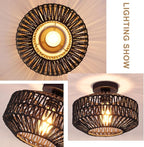Boho Rattan Ceiling Light Fixture, Mini Rattan Chandelier Lighting Fixture, Hand Woven Ceiling Light Fixtures for Hallway Bedroom Kitchen Entryway Living Room (Black)