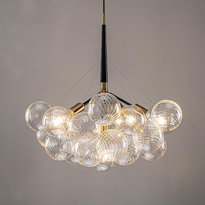 Mid-Century Bubble Ball Chandelier Black Gold 6-Light Cluster Clear Swirled Blown Glass Globe Pendant Light Dia 24" Chandeliers Lighting Light Fixtures for Dining Room Bathroom Island Entryway