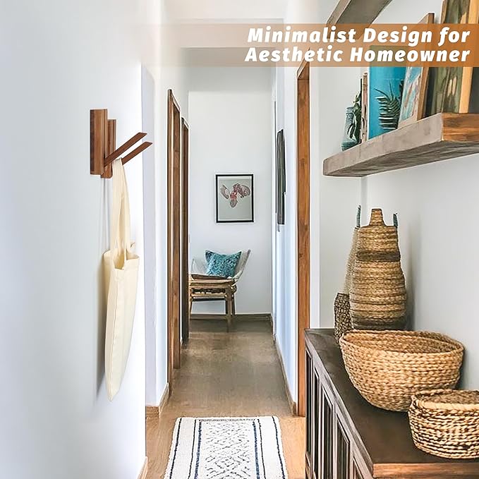 Foldable Wall Hooks 2Pack: Rustic Wooden Coat Hooks Mounted for Heavy Duty Hanging Hats Bags Beach Towels, Space Saving Minimalist Design for Aesthetic Homeowner