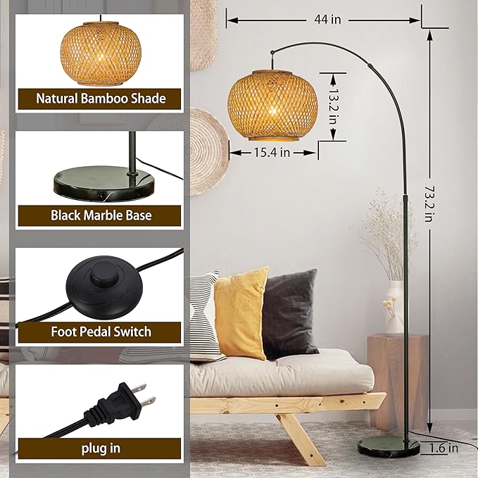 ALOADECOR 77" 1-Light Matte Black Arc Floor Lamp with Hand-Woven Bamboo Shade and Marble Base Farmhouse Rattan Floor Lamp for Living Room Dining Room Bedroom