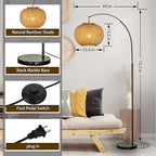 ALOADECOR 77" 1-Light Matte Black Arc Floor Lamp with Hand-Woven Bamboo Shade and Marble Base Farmhouse Rattan Floor Lamp for Living Room Dining Room Bedroom