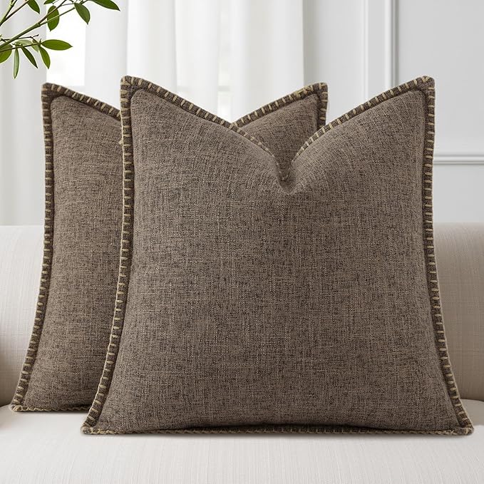 decorUhome Decorative Outdoor Throw Pillow Covers 18x18 Set of 2, Square Linen Farmhouse Euro Pillow Covers with Stitched Edge, Rustic Neutral Pillow Covers for Couch, Sofa, Living Room, Chocolate