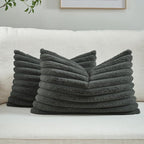 FUTEI Dark Grey Striped Decorative Throw Pillow Covers 12x20 Inch Set of 2,Rectangle Winter Decorations Couch Lumbar Pillowcase,Soft Cozy Faux Rabbit Fur & Velvet Back,Modern Home Decor for Bed