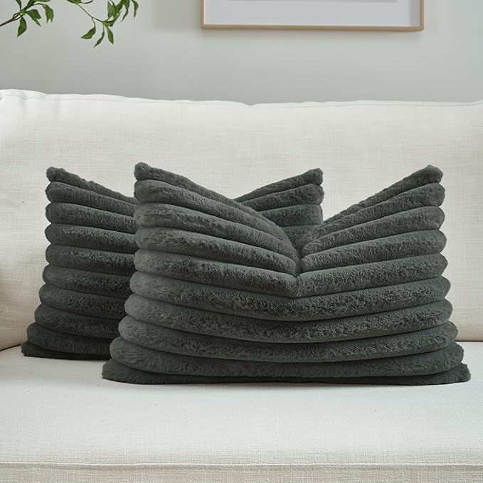 FUTEI Dark Grey Striped Decorative Throw Pillow Covers 12x20 Inch Set of 2,Rectangle Winter Decorations Couch Lumbar Pillowcase,Soft Cozy Faux Rabbit Fur & Velvet Back,Modern Home Decor for Bed