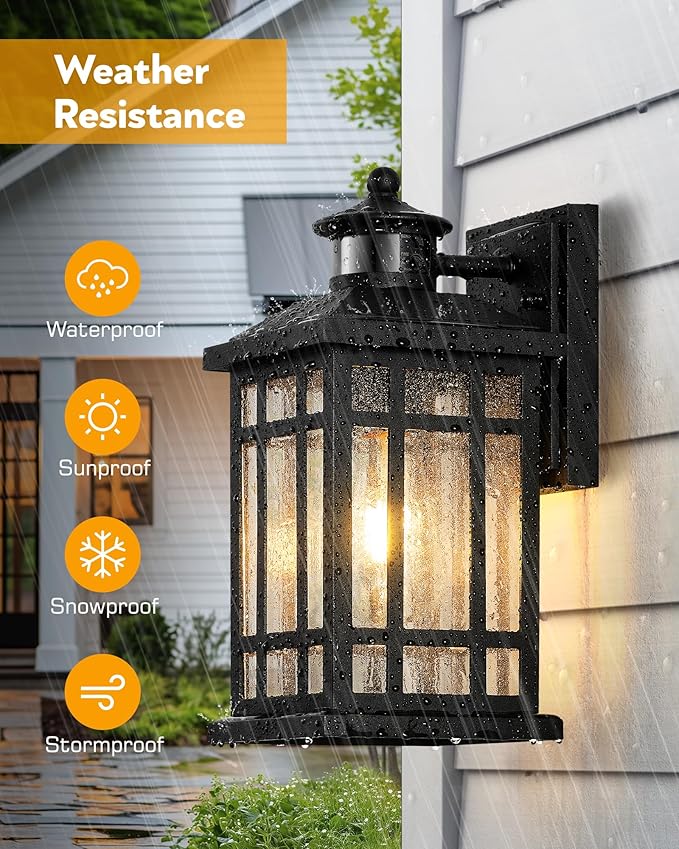 Motion Sensor Outdoor Light Adjustable Sensing Range, 2 Pack Black Dusk to Dawn Exterior Lighting Fixtures with Seed Glass, Aluminum Anti-Rust Outside Lights for House Garage Doorway Garden