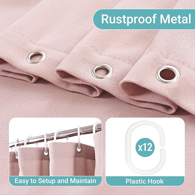 96 Inch Long Pink Linen Shower Curtain Set, Extra Long Heavy Duty Fabric Shower Curtains for Bathroom, Luxury Hotel Spa Quality Thick Cloth Shower Curtain with 12 Plastic Hooks, 72x96, Blush Pink