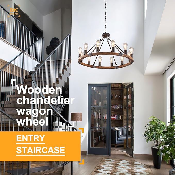 Farmhouse Wagon Wheel Chandelier 31" Black Rustic Light Fixtures 12-Light Wood Round Chandelier for Dining Room Living Room Entryway Foyer