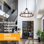 Farmhouse Wagon Wheel Chandelier 31" Black Rustic Light Fixtures 12-Light Wood Round Chandelier for Dining Room Living Room Entryway Foyer