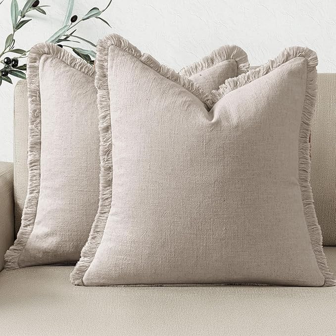 Woaboy Decorative Linen Fringe Throw Pillow Covers Boho Farmhouse Soft Cushion Covers Accent Pillowcases with Tassels for Living Room Couch Sofa Bed Chair,22x22 Inch Set of 2,Beige