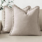 Woaboy Decorative Linen Fringe Throw Pillow Covers Boho Farmhouse Soft Cushion Covers Accent Pillowcases with Tassels for Living Room Couch Sofa Bed Chair,22x22 Inch Set of 2,Beige