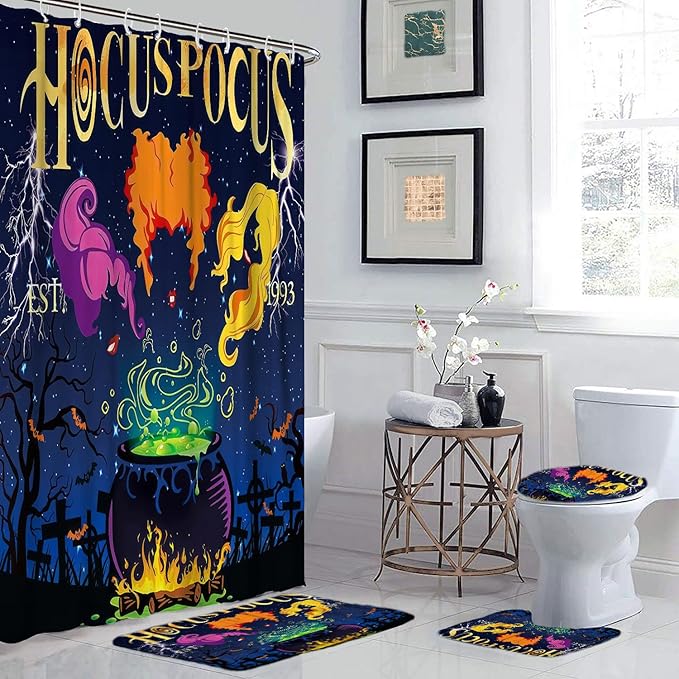 4 Pcs Halloween Shower Curtain Set, with Non-Slip Rugs,Toilet Lid Cover and Bath Mat, Hocus Pocus Decor for Bathroom, Halloween Party Gifts Supplies