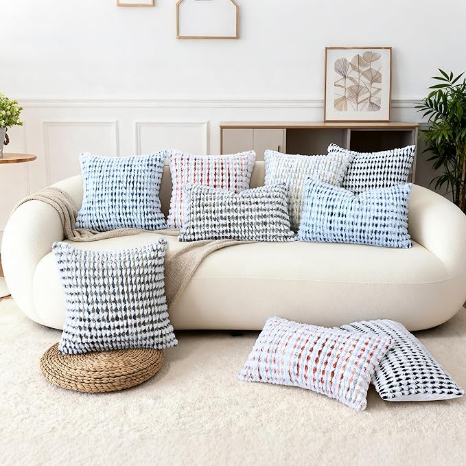 Boho Chenille Tufted Pillow Cover 18x18 Inch Set of 1, Farmhouse Striped Decorative Pillow Covers Accent Fluffy Neutral Square Pillowcases for Couch Sofa Bedroom Living Room, Blue White