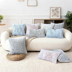 Boho Chenille Tufted Pillow Cover 20x20 Inch Set of 1, Farmhouse Striped Decorative Pillow Covers Accent Fluffy Neutral Square Pillowcases for Couch Sofa Bedroom Living Room, Blue White