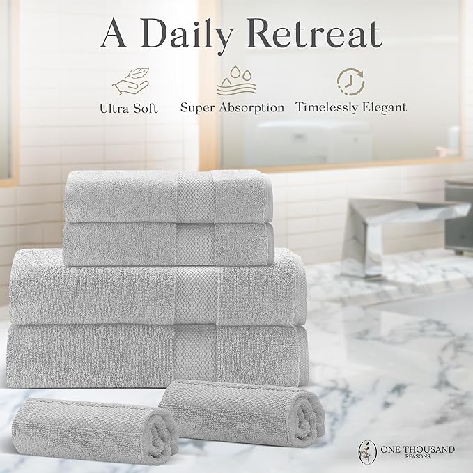 Premium Staple Cotton Bathroom Towel Set - Gray 600 GSM 6-Piece Luxury Bath Towel Set 1 Stripe - 2 Bath Towels, 2 Hand Towels & 2 Washclothes Set - High Absorbent & Quick Dry for Gym, Spa, Hotel