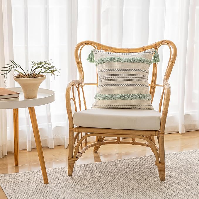 Boho Throw Pillow Covers 18x18 Set of 2 Woven Tufted Farmhouse Pillows Cover with Tassels Textured Striped Cushion Case Neutral Pillow Cases Decorative Pillowcase for Sofa, Couch, Bed, Light Green