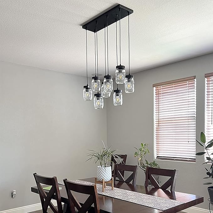 Wellmet 8-Light Mason Jar Chandelier for Dining Room, Farmhouse Rustic Linear Cluster Pendant Light Fixture for Living Room, Kitchen Island Lighting, Matte Black Finish with Glass Shades