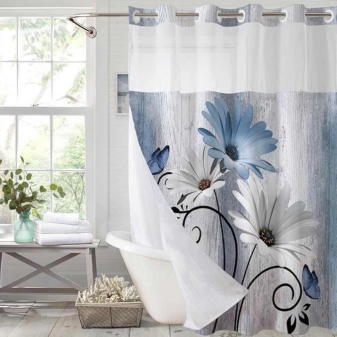 Muuyi Blue Watercolor Floral Shower Curtain,No Hook Shower Curtain,Polyester Shower Curtains with Snap in Fabric,Sheer Top Window for Bathroom Decor,Waterproof & Washable,72W x 87L Inch