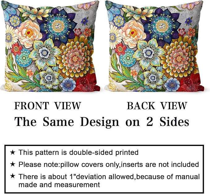 Snycler Boho Floral Throw Pillow Covers Set of 2 Colorful Boho Flower Decorative Cushions Pillowcase for Bedroom Sofa Home Decor, 16x16 Inch, Velvet, Short Plush