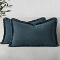 MIULEE Decorative Lumbar Throw Pillow Covers Neutral Linen Fringe Throw Pillows Set of 2 Navy Blue Boho Farmhouse Cushion Covers for Couch Sofa Bed Living Room Spring Home Decor 12x20 Inch