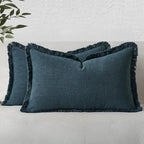 MIULEE Decorative Lumbar Throw Pillow Covers Neutral Linen Fringe Throw Pillows Set of 2 Navy Blue Boho Farmhouse Cushion Covers for Couch Sofa Bed Living Room Spring Home Decor 12x20 Inch