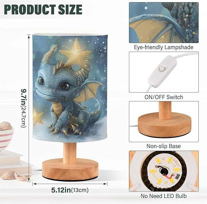 Table Lamp Watercolor Dragon Baby Animal Nightstand Lamp with Wood Base Fabric Lamp Shade Bedside Desk Lamp for Living Room Bedroom Kids Room Office
