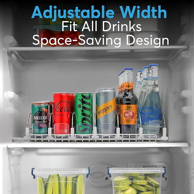 Dwella Drink Organizer for Fridge – 3-Tier Can Dispenser for Fridge, Self-Pushing Drink Dispenser Fridge, Adjustable Width Durable Soda Can Organizer for Refrigerator
