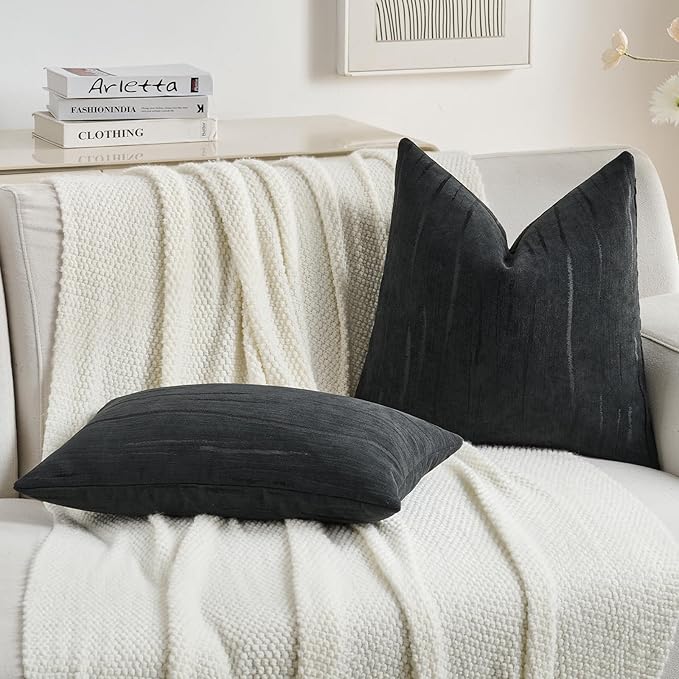 FUTEI Black Chenille Decorative Throw Pillow Covers 24x24 Inch Set of 2,Soft Embossed Striped Textured European Cushion Case,Modern Home Decor for Couch Bed Living Room