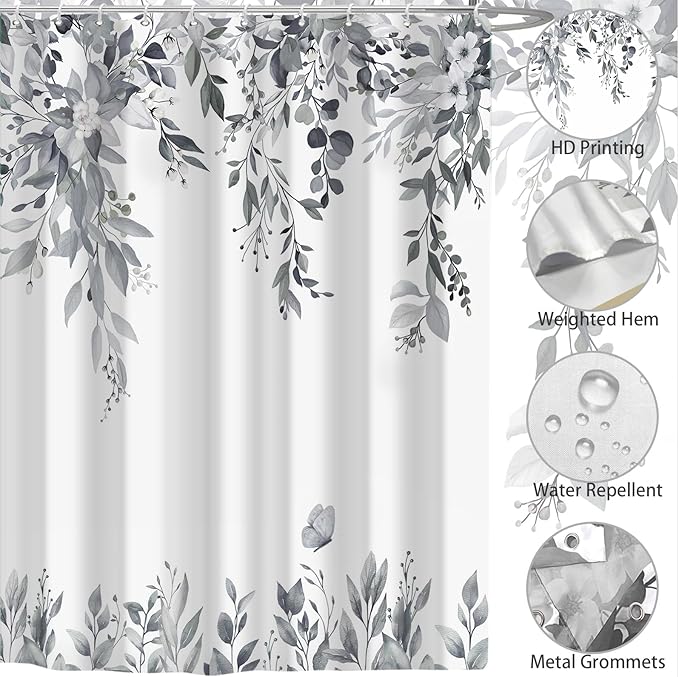 Eucalyptus Shower Curtain, Grey Watercolor Leaves with Floral Botanical Bathroom Decor, Waterproof Fabric Bath Curtain Set with Hooks, 72x84 Inches