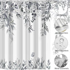 Eucalyptus Shower Curtain, Grey Watercolor Leaves with Floral Botanical Bathroom Decor, Waterproof Fabric Bath Curtain Set with Hooks, 72x84 Inches