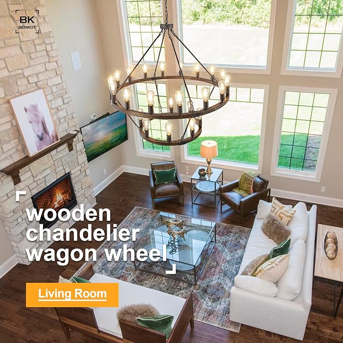 2 Tier Wagon Wheel Chandelier Large Wooden Farmhouse Pendant Light Fixture 24-Light 43" Rustic Round Chandeliers for Foyer Living Room Entryway