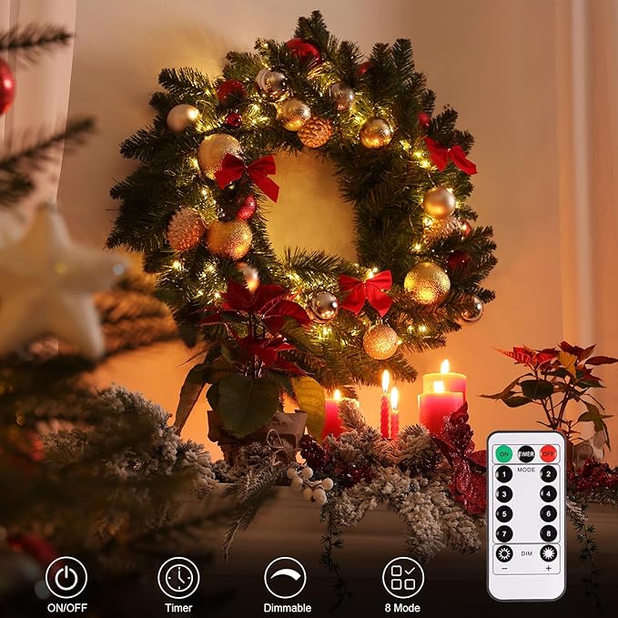2 Pack Christmas String Lights Battery Operated, 33Ft 100 LED Fairy Lights Waterproof Green Wire Wreath lights Tree Lights with Remote 8 Modes Timer for Bderoom Wedding Decoration (Warm White)