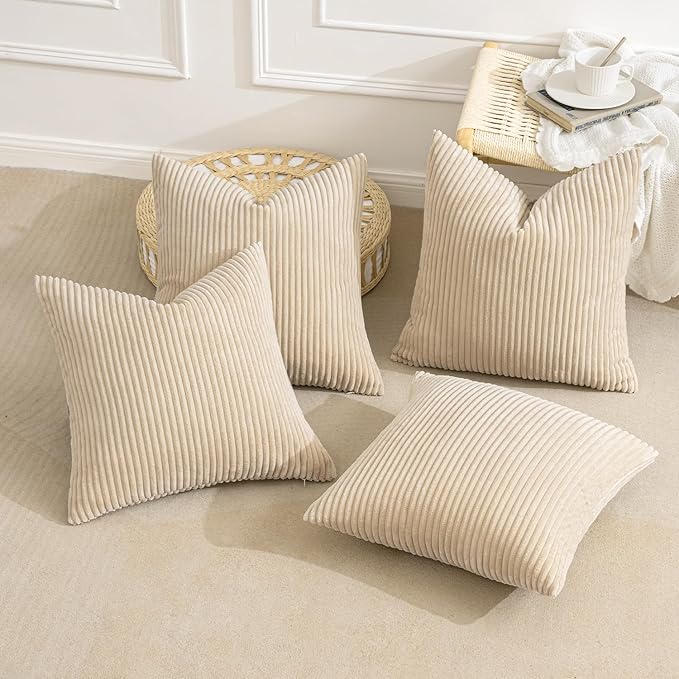 MIULEE Boho Farmhouse Throw Pillow Covers 18x18 Inch Set of 4 Mordern Nordic Cushion Covers Soft Corduroy Home Decor for Couch Bed Sofa Living Room Beige