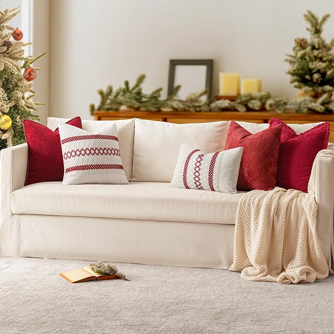MIULEE Pack of 2 Christmas Pillow Covers 16x16 Inch Red Farmhouse Decorative Throw Pillow Covers with Stitched Edge Soft Chenille Solid Dyed Couch Pillow Covers for Sofa Bed Living Room