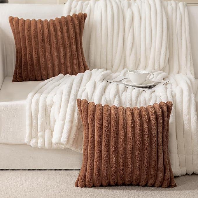 MOSAYT Faux Fur Throw Pillow Covers 18x18, Set of 2, Plush Velvet Soft Pillow Case,Fluffy Striped Decorative Couch Pillow Covers for Sofa, Bedroom, Living Room(Brown)