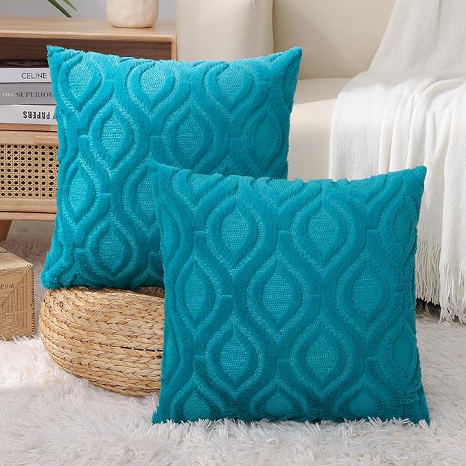 decorUhome Fall Throw Pillow Covers 18x18 Inch Set of 2, Soft Plush Decorative Faux Fur Teal Solid Couch Pillow Covers, Accent Farmhouse Neutral Square Euro Pillow Cases for Sofa Bed Living Room