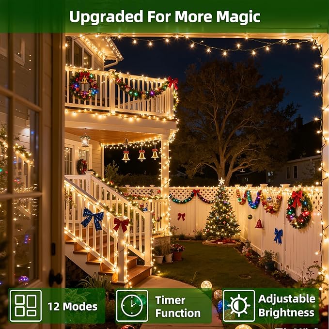 1500 LED Chrstmas Lights, 470ft Outdoor Christmas String Lights with 12 Modes, Warm White LED String Lights with Timer Dimmable Waterproof for Tree Fence Garden Xmas Patio Wedding Party Decorations