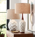 360 Lighting Rocco Mid Century Modern Table Lamp 30" Tall White Wave Geometric Ceramic Oak Wooden Neck Tan Fabric Drum Shade for Living Room Bedroom House Bedside Nightstand Home Office