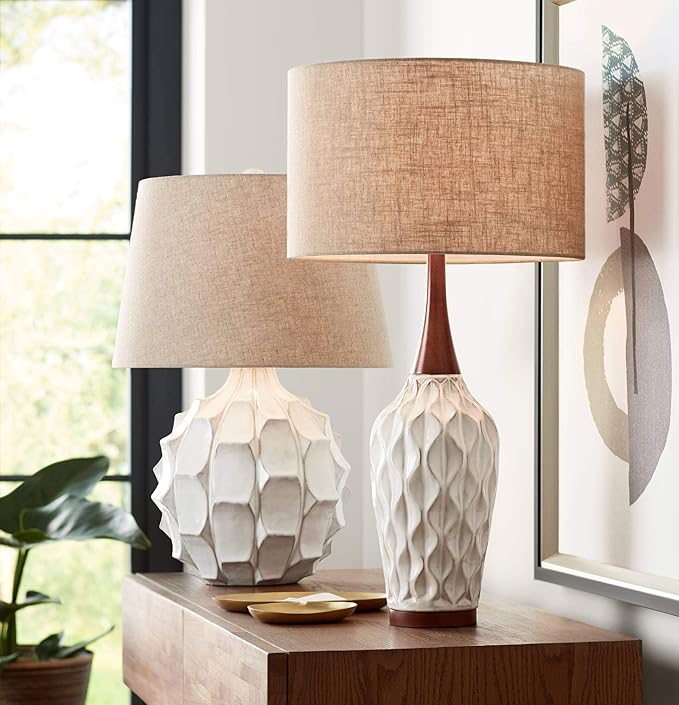 360 Lighting Rocco Mid Century Modern Table Lamp 30" Tall White Wave Geometric Ceramic Oak Wooden Neck Tan Fabric Drum Shade for Living Room Bedroom House Bedside Nightstand Home Office