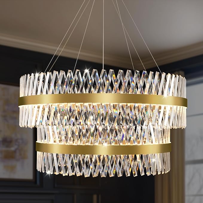 Modern Crystal Chandeliers, Double Tier 40"+32" Large High Ceiling Chandelier. Elegant Crystal Chandelier Hangs from The Ceiling of The Living Room, Stairwell, and Foyer.