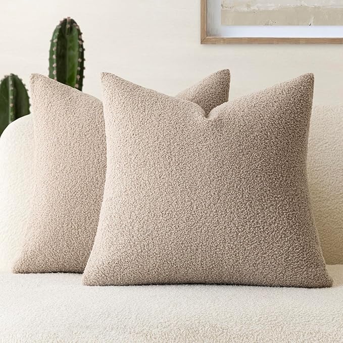 Foindtower Pack of 2, Curly Faux Fur Decorative Throw Pillow Covers Soft Fuzzy Plush Cushion Case with Zipper Cozy Pillowcase for Home Living Room Couch Bed Sofa 16 x 16 Inch, Beige