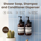 MaisoNovo Shampoo and Conditioner Dispenser - Shower Soap Dispenser Wall Mounted - 16.9 fl oz Set of 2 Amber Plastic Bottles Black Pump - Shampoo Dispenser, Shower Dispenser 2 Chamber No Drill