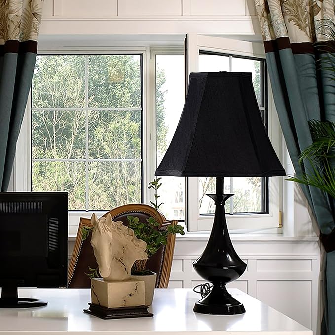 GO&S0 Set of 2 Medium Bell Lamp Shades Black,13.2" Octagonal Lampshade for Table Lamps,Floor Lamp Replac-6.5"x13.2"x10.6"(Spider) Modern Shade for Nightstand,Faux Silk Easy Assembly Required